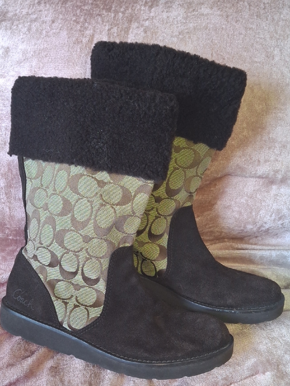EUC Coach Brown Suede and Tan Signature Canvas Shearling-Trim Boots Size 9